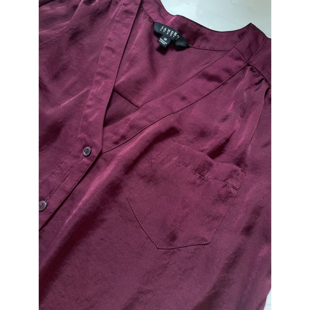~ Sandro Blouse M Burgundy Wine Flowy Lightweight Satin Deep V Roll Tab Lux Fall